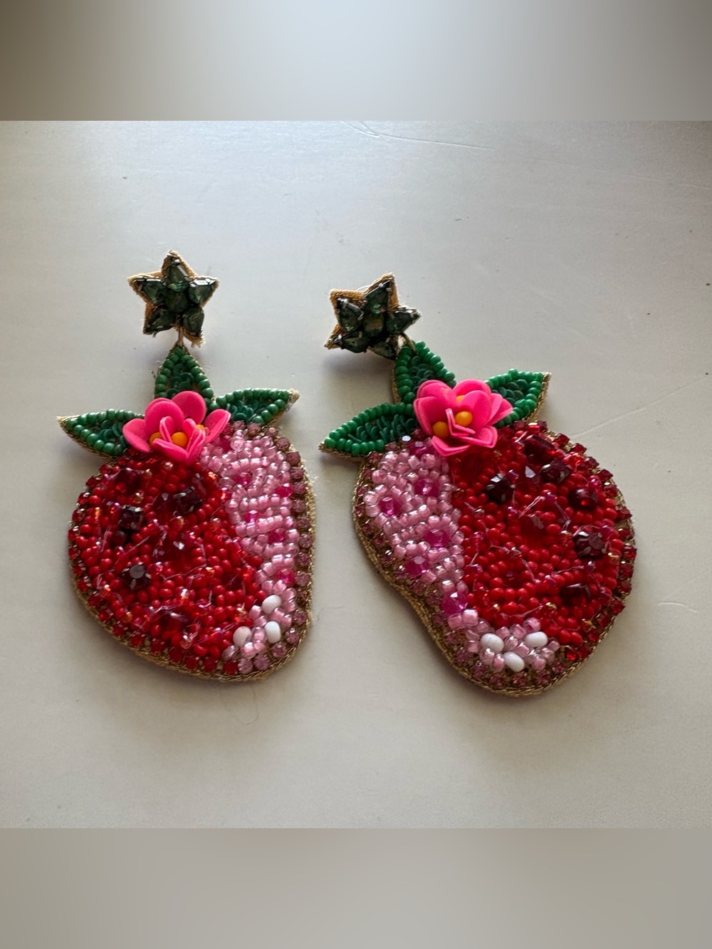 Beaded Strawberry Statement Earrings - Red, Pink, Green